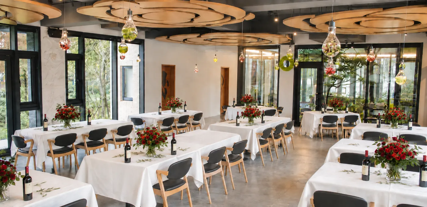 White-linen banquet setup at LOHERB F Hall