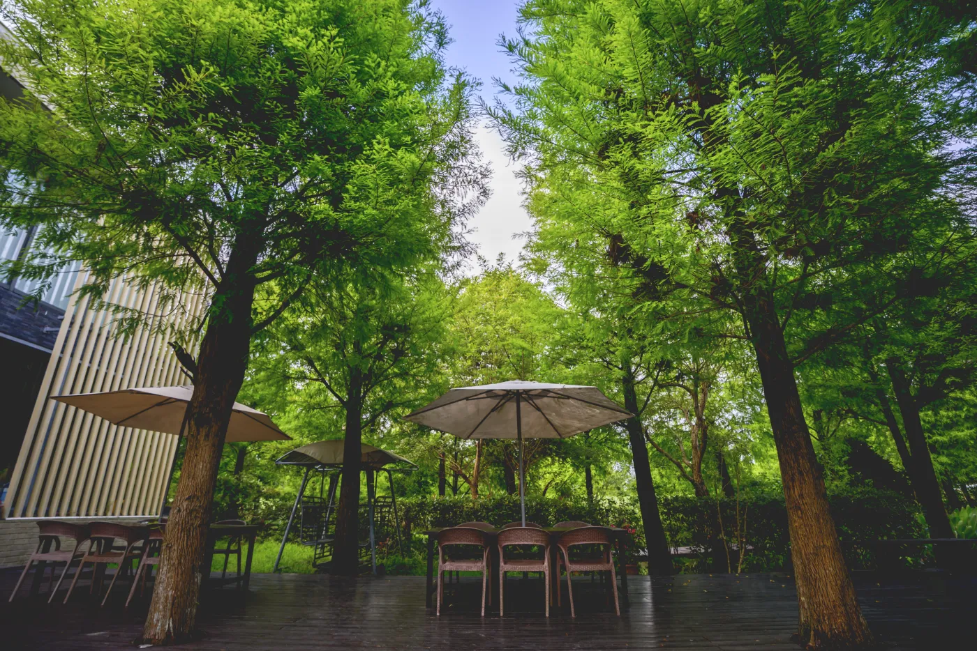 Shaded outdoor boardwalk seating at LOHERB F Hall